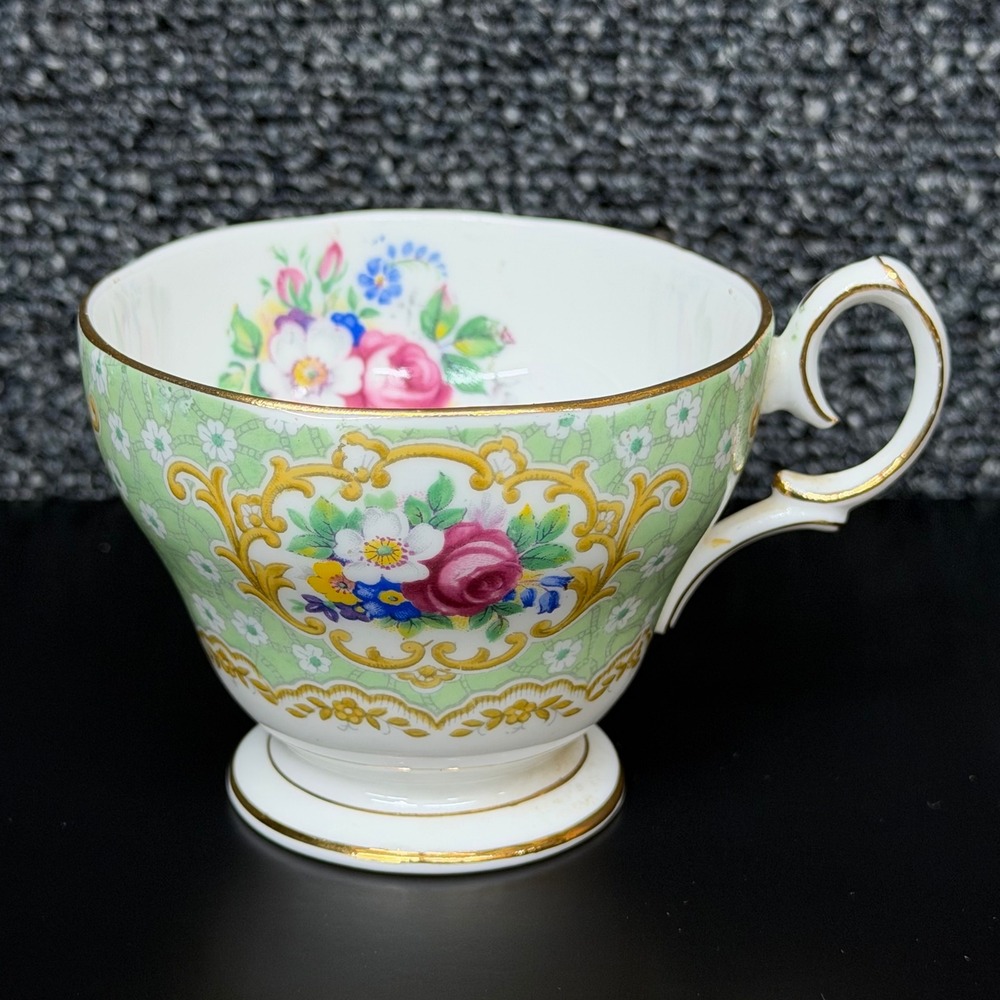 Gainsborough Bell China Tea Cup Fine Bone China England Green Floral Gold Trim